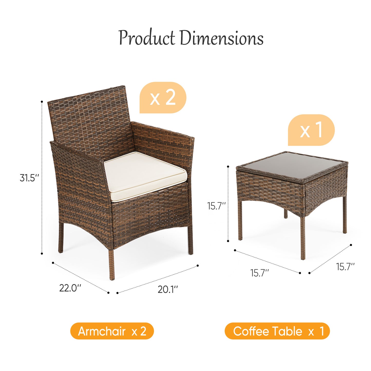 3-Piece Outdoor Rattan Garden Furniture Set – 2 Chairs, Coffee Table & Washable Cushions | Black & Brown