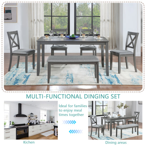 6-Piece Kitchen Dining Set – Rectangular Wooden Table with 4 Upholstered Chairs & Bench, Gray