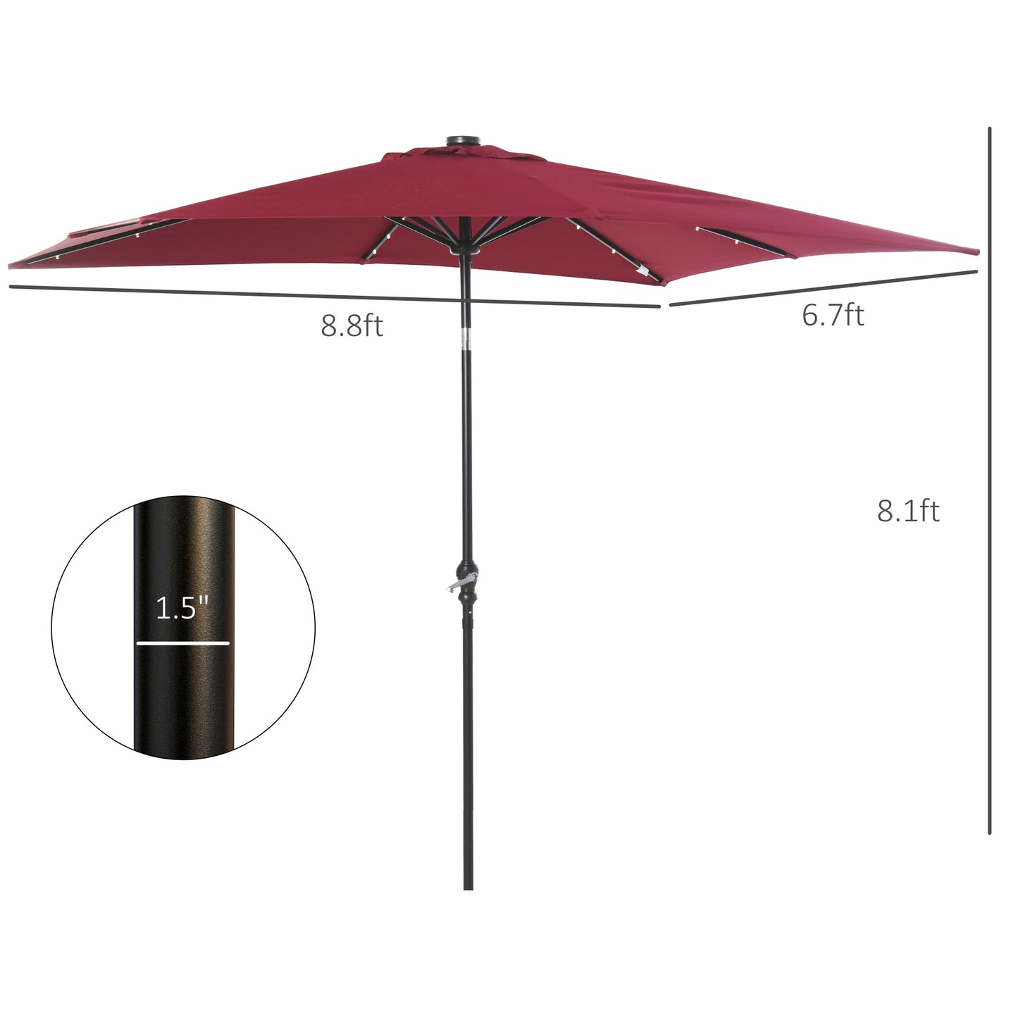 9ft Solar LED Patio Umbrella – Outdoor Market Shade with Crank & Built-In Lights | Red