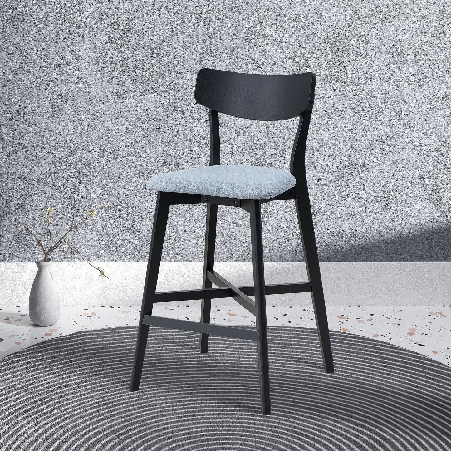 Wooden Bar Chairs Set of 2 – Upholstered Counter Height Stools with Backrest & Footrest, Black