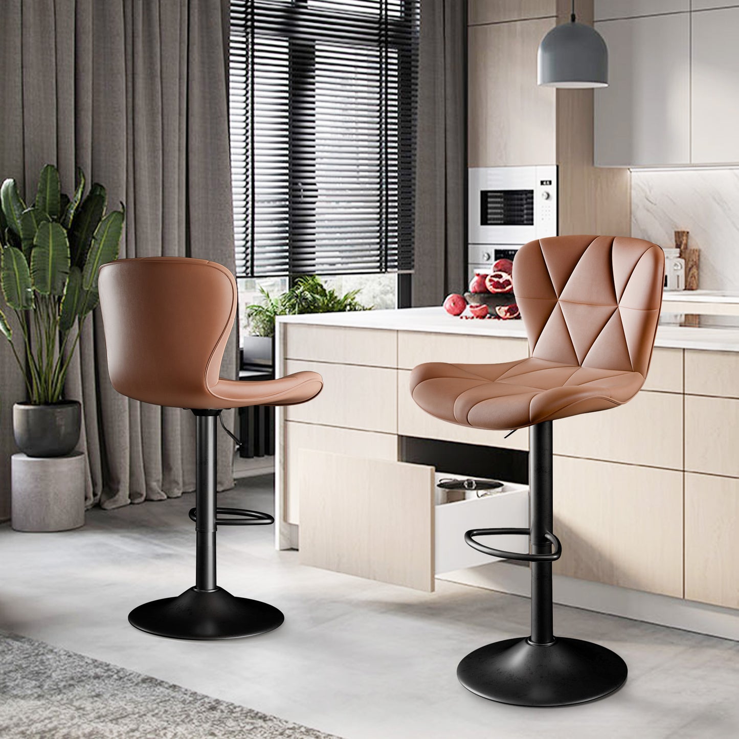 Modern Bar Stools Set of 2 – Adjustable Swivel Faux Leather Counter Height Stools with Back, Black