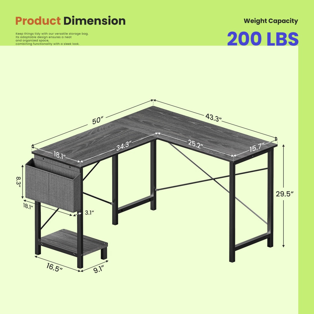 49-Inch L-Shaped Desk – Gray | Corner Gaming & Home Office Desk