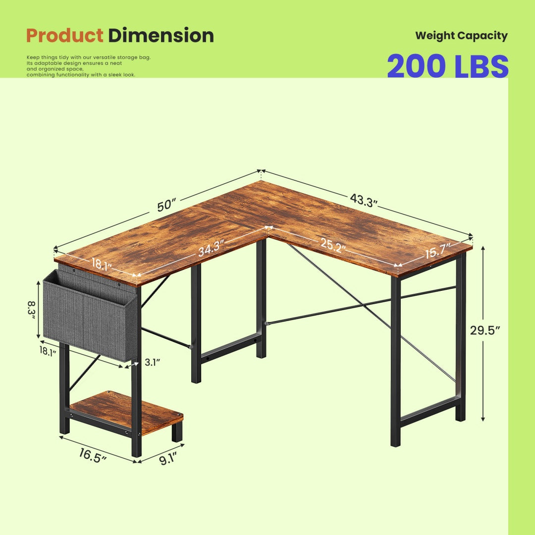 49-Inch L-Shaped Desk – Brown | Corner Gaming & Home Office Desk