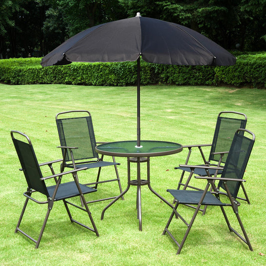 Outdoor Patio Dining Set for 4 – Round Glass Table, 4 Folding Chairs & Umbrella | Black