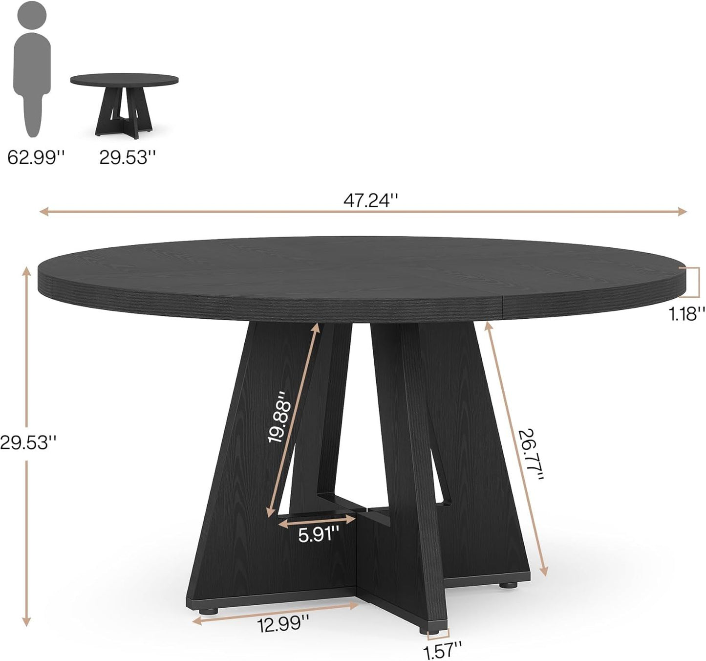 Round Dining Table 47" – Seats 4-6 | MDF Tabletop, Pedestal Base, Walnut Finish | Black
