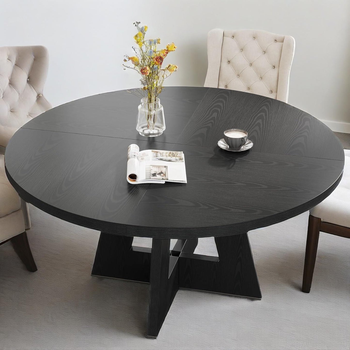 Round Dining Table 47" – Seats 4-6 | MDF Tabletop, Pedestal Base, Walnut Finish | Black