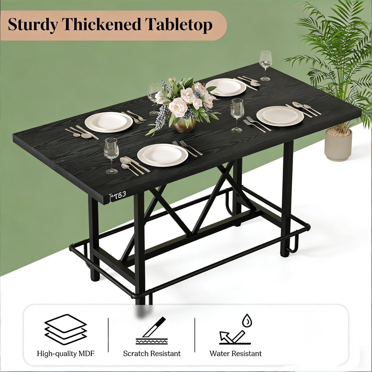 Counter-Height Dining Table for 6 – 63" Industrial Wood Top & Metal Legs | Black