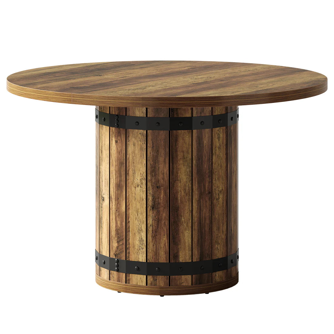 Round Farmhouse Dining Table for 4 – 39" MDF Top, Fence Pedestal Base | Brown