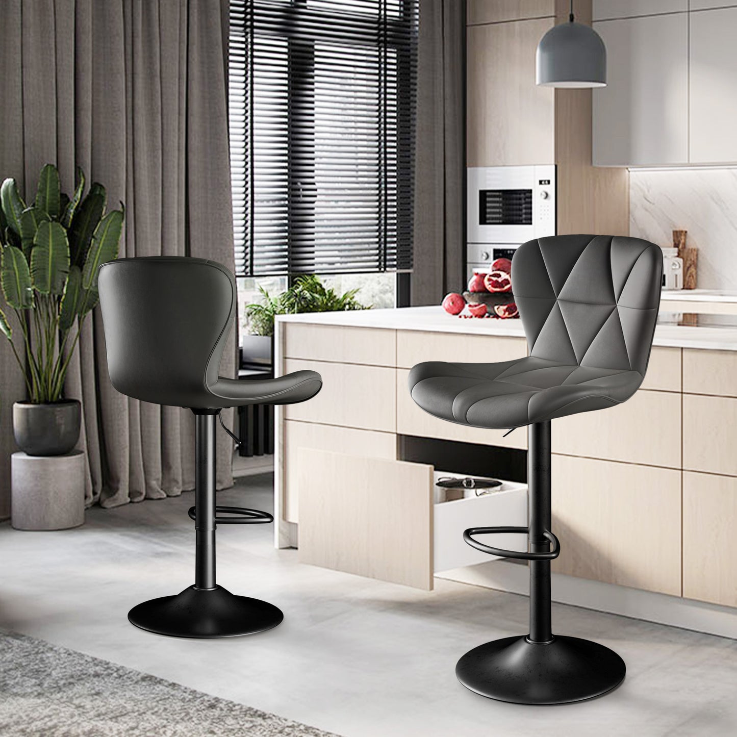 Modern Bar Stools Set of 2 – Adjustable Swivel Faux Leather Counter Height Stools with Back, Black