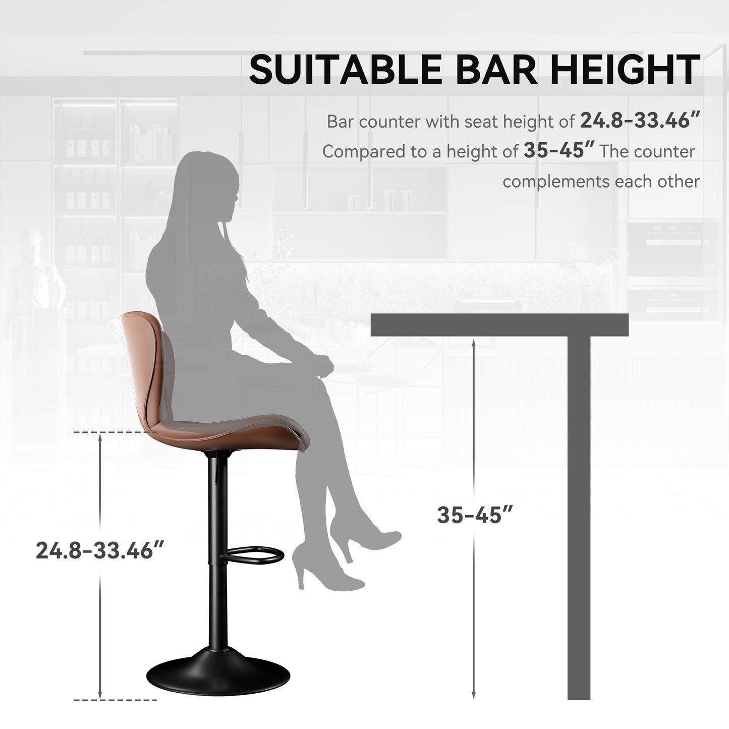 Modern Bar Stools Set of 2 – Adjustable Swivel Faux Leather Counter Height Stools with Back, Black