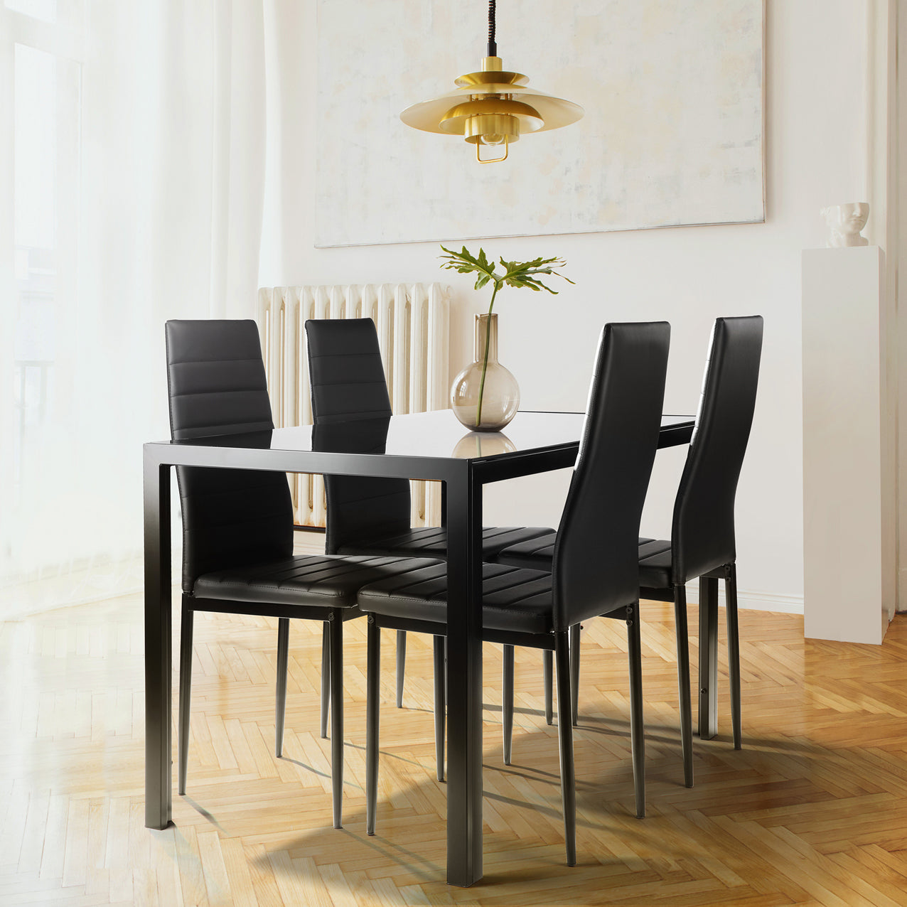 5-Piece Dining Table Set – Tempered Glass Table & 4 Faux Leather Chairs