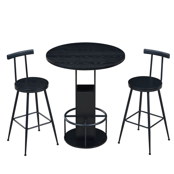 3-Piece Bar Table and Stool Set – 31.5" Round Bar Table with 2 Stools, Metal Ring Footrest, Black