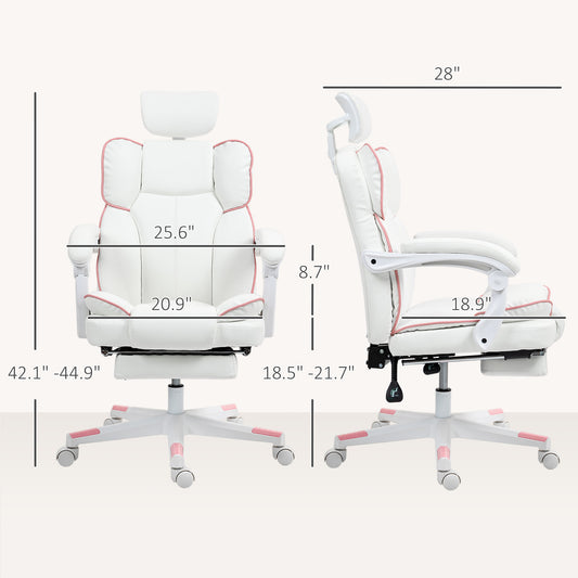 Executive Office Chair – PU Leather, Adjustable Headrest, 135° Recline & Footrest | White