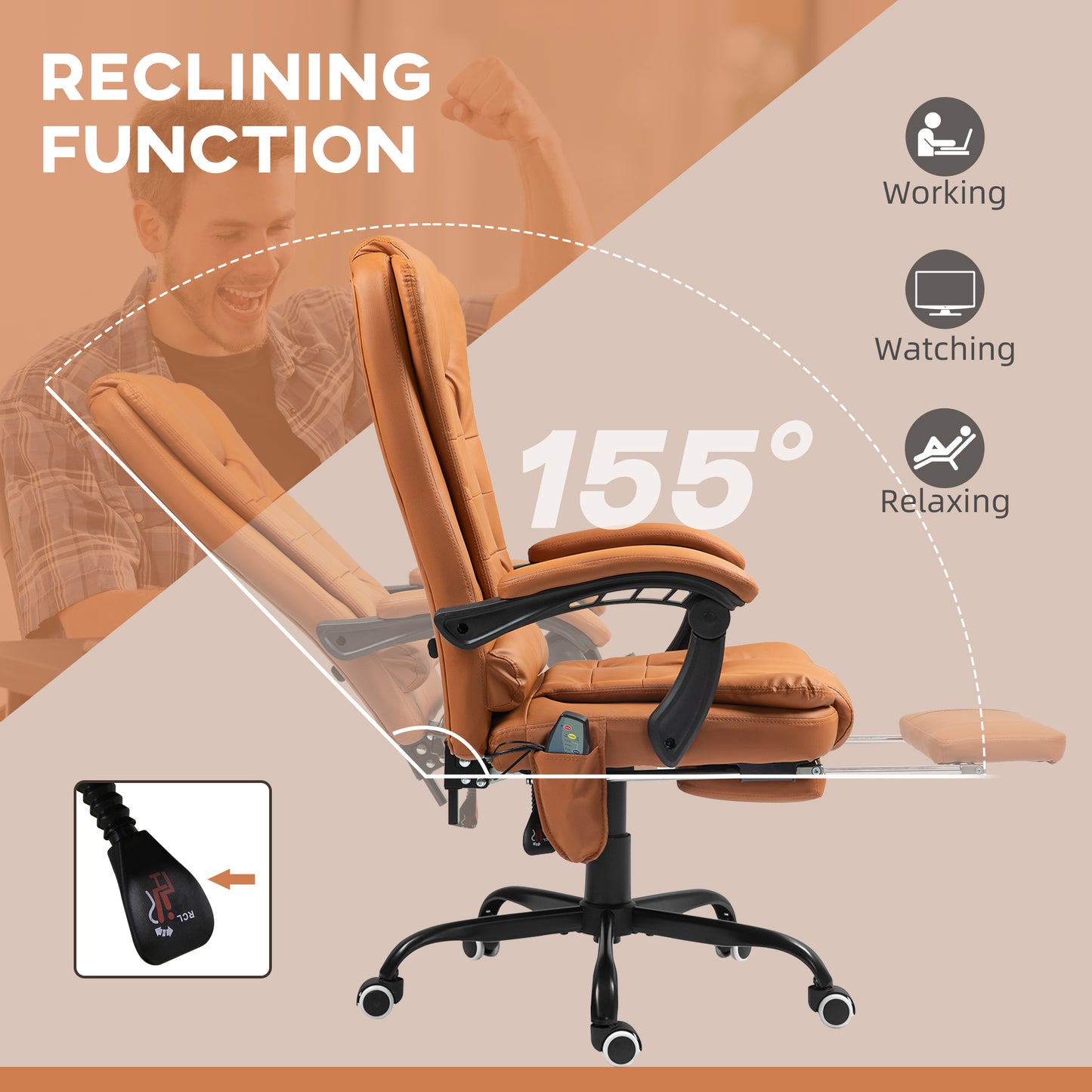 Massage Office Chair – 7-Point Vibration, 155° Recline, Lumbar Support & Footrest | Light Brown