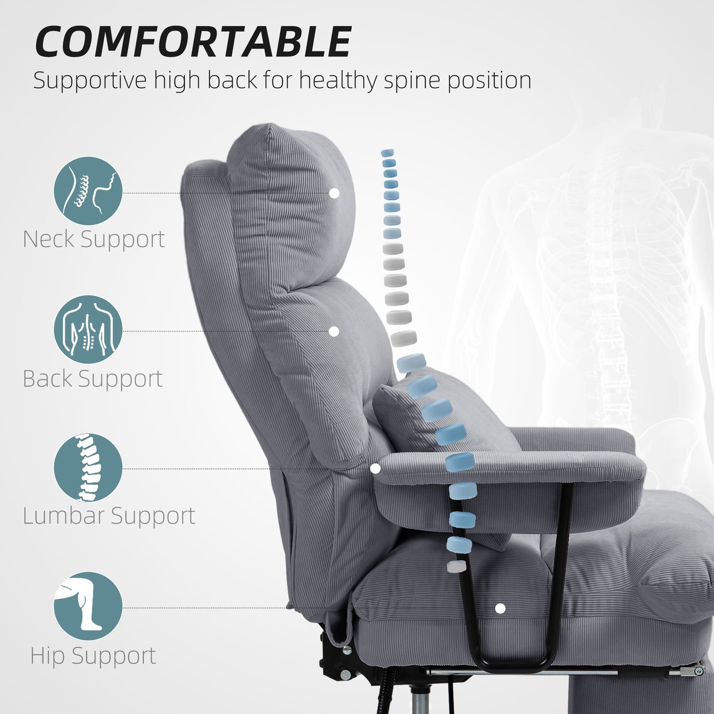 Executive Reclining Office Chair – High Back, Lumbar Support, Footrest & Corduroy Fabric | Gray