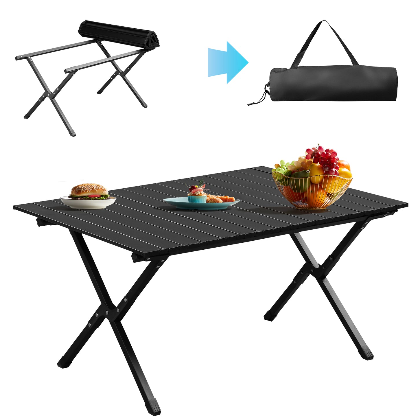 Portable Folding Camping Table 46" – Carbon Steel, 220 lbs Capacity, Roll-Up Design | Black
