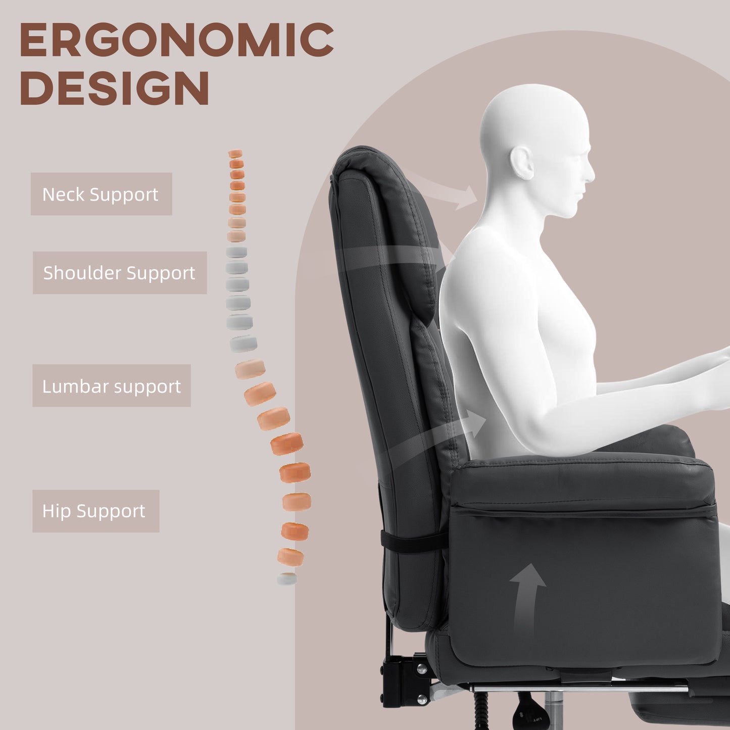 Executive Office Chair with Footrest – PU Leather, Reclining & Lumbar Support, Black